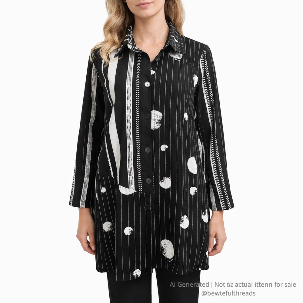 Minkas L Black White Striped Button-Up Tunic Long Sleeve Graphic Print